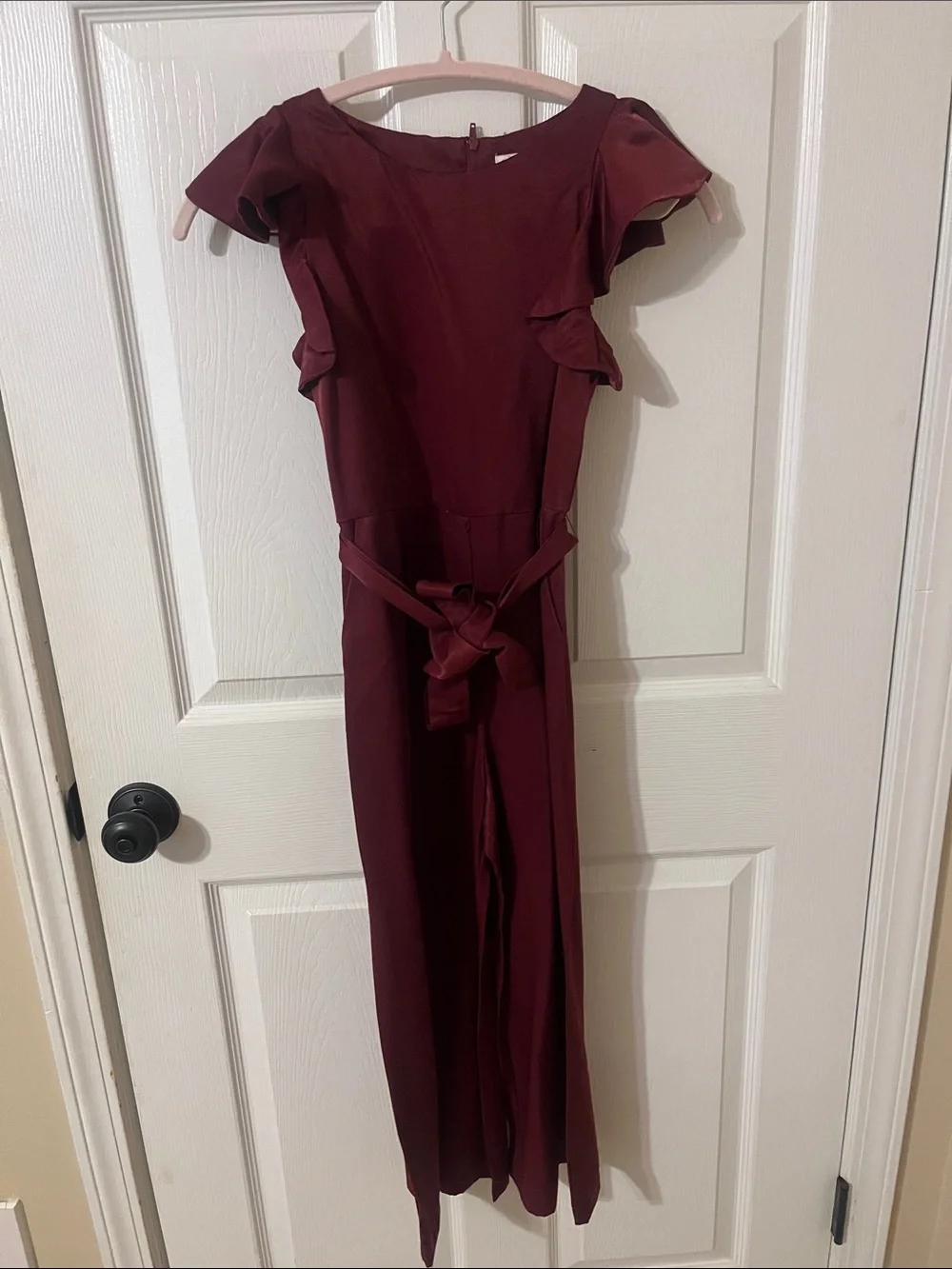 Girls Burgundy Ruffle-Sleeve Jumpsuit